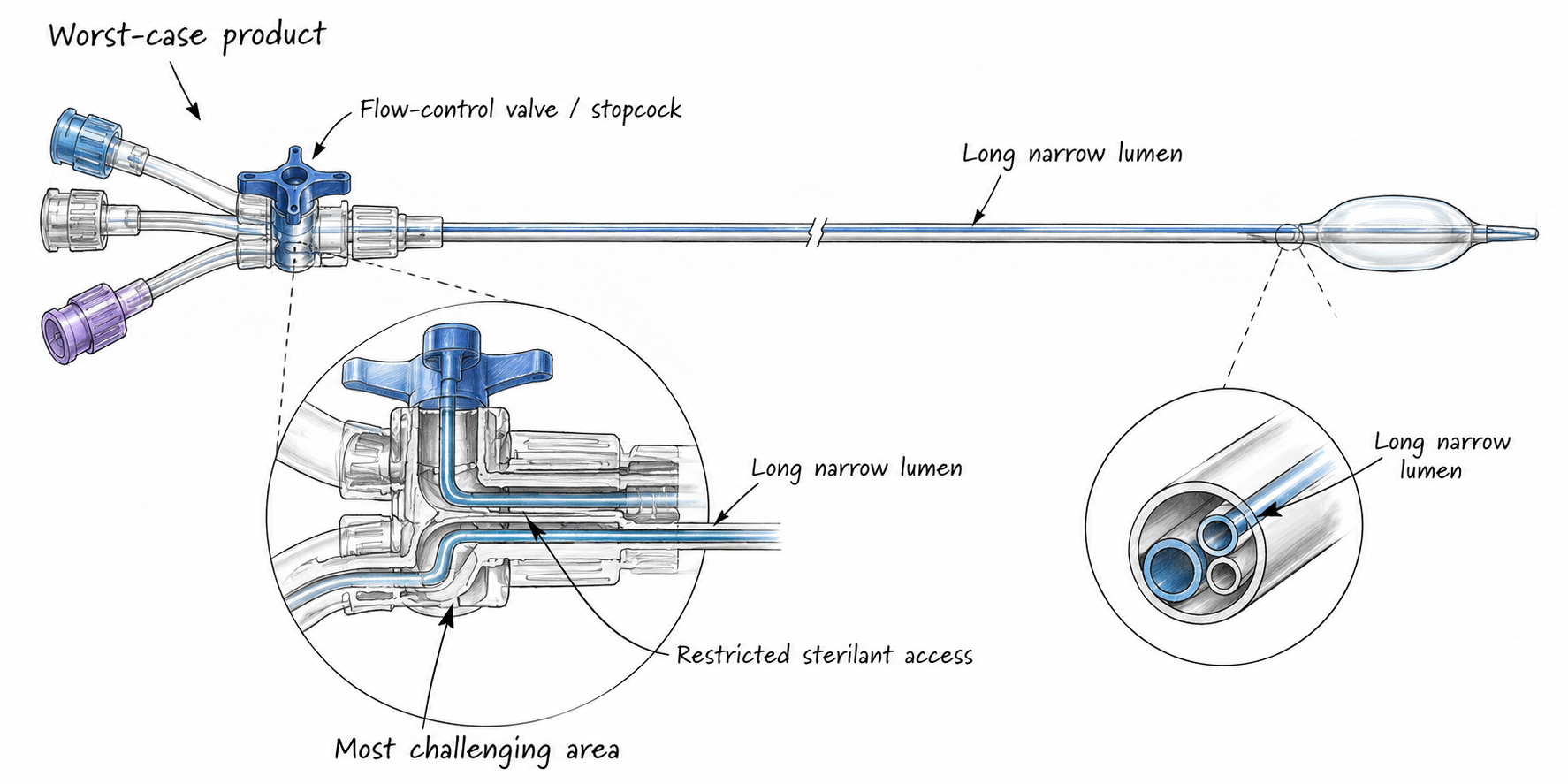 Worst-case determination Medical device sterilization validation showing worst-case catheter product, long narrow lumen, flow-control valve, and most challenging area for sterilant penetration.