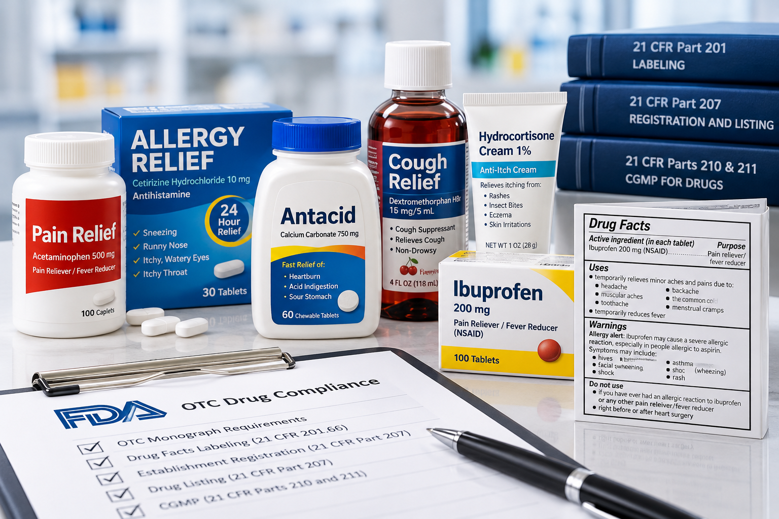 OTC Drug Compliance Product Display Over-the-counter drug products with Drug Facts labeling and FDA compliance references for monograph requirements, registration, listing, and CGMP.